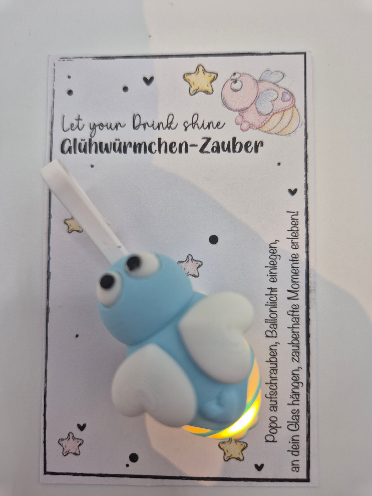 Glühwürmchen Irmchen – Leuchtender Glasmarkierer mit LED | 3D Druck | Gastgeschenk Mädelsabend & JGA