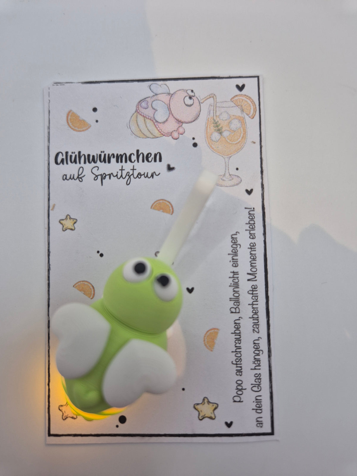 Glühwürmchen Irmchen – Leuchtender Glasmarkierer mit LED | 3D Druck | Gastgeschenk Mädelsabend & JGA