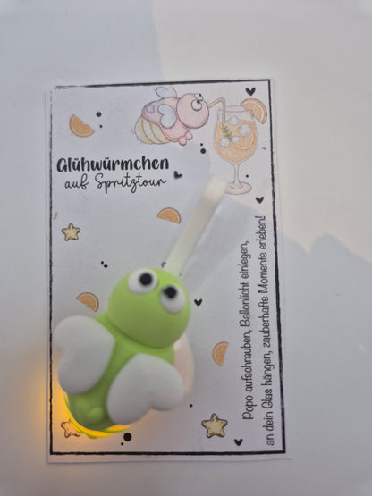 Glühwürmchen Irmchen – Leuchtender Glasmarkierer mit LED | 3D Druck | Gastgeschenk Mädelsabend & JGA